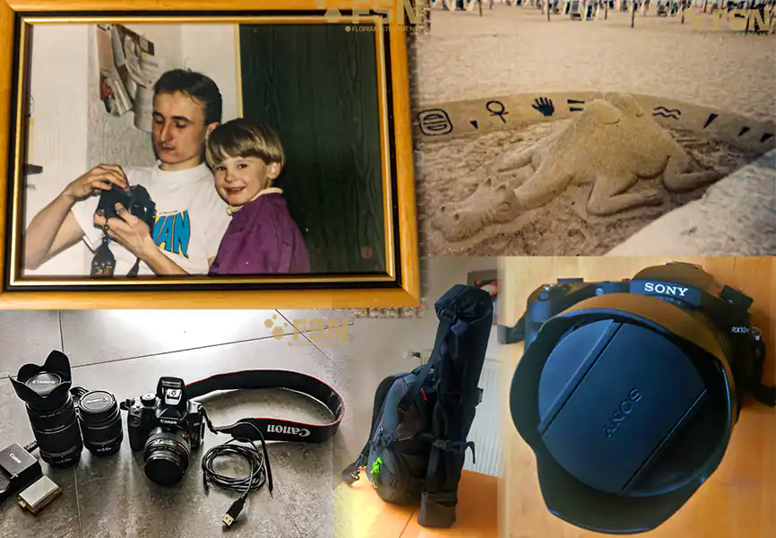 Photography Cover: Picture of my brother and myself as kid, some cameras, picture of a sand sculpture